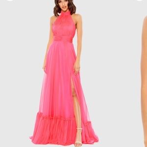 Mac Duggal Pink High Neck Tiered Chiffon Halter Gown